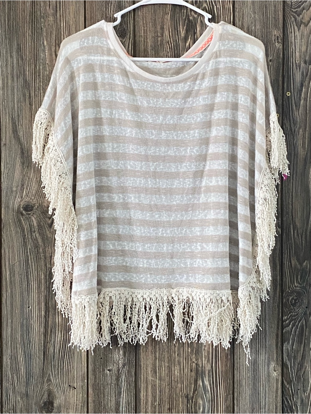 Jolt Beige and Cream Striped Top with Coral Trim